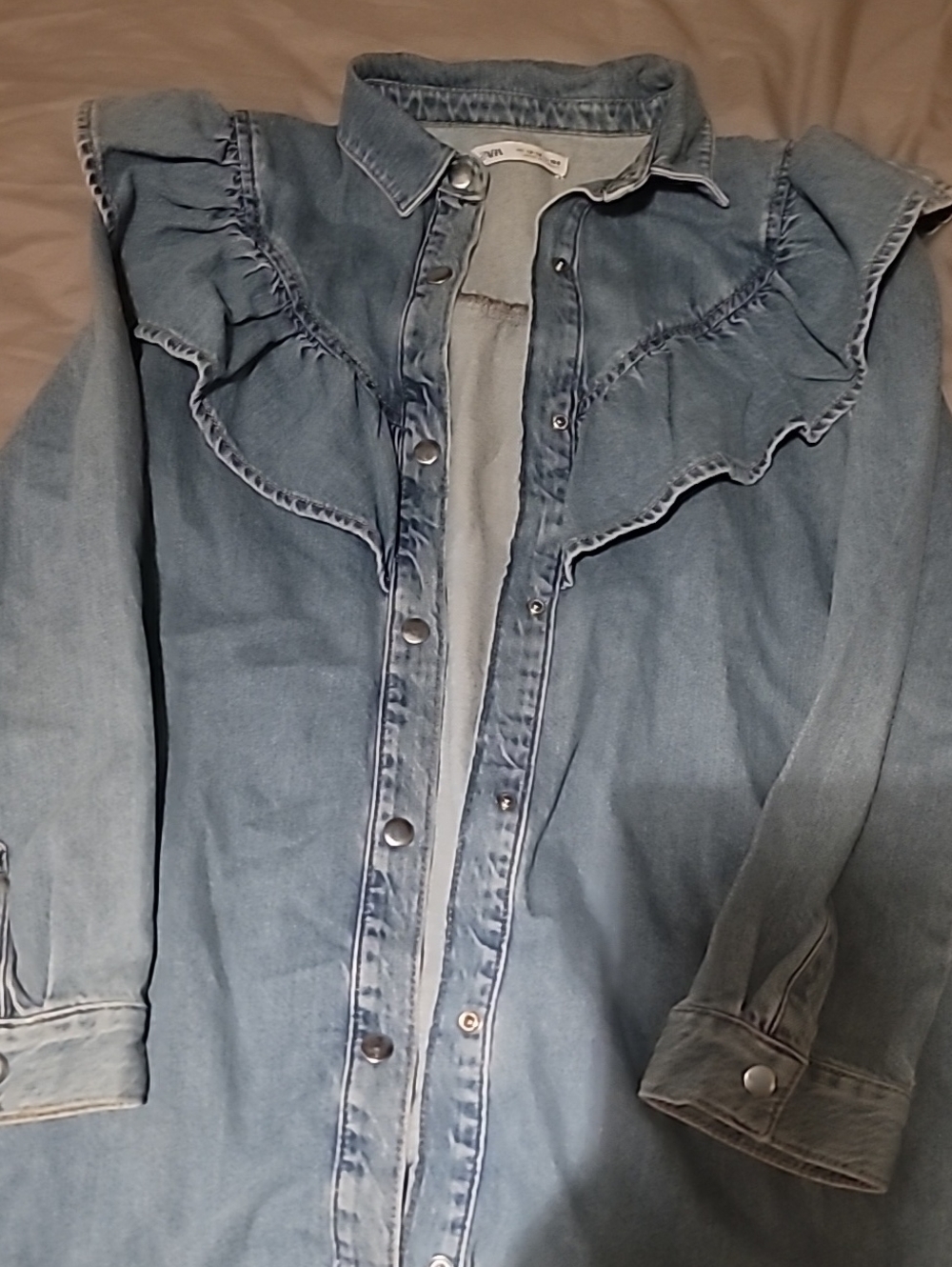 Zara Light Blue Ruffle Denim Shirt Dress